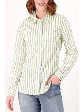 Denim and Company Shirt Medium Printed Button Front Yellow Stripe Cotton Blend